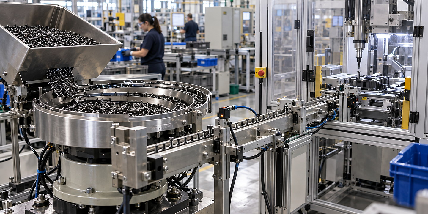 A vibratory or step feeder supplying correctly oriented fasteners through a track to an operating assembly cell.